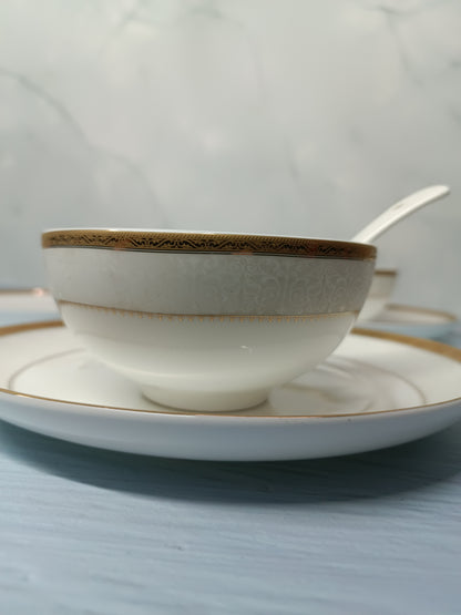 Soup bowl set made of fine china with elegant golden and silver detailing, perfect for adding a touch of luxury to your dining table.